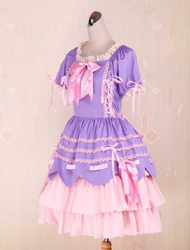 Sweet Purple Pink Lolita OP Dress Short Sleeves Layers Bows and Trim