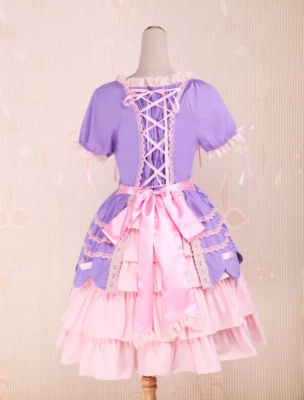 Sweet Purple Pink Lolita OP Dress Short Sleeves Layers Bows and Trim