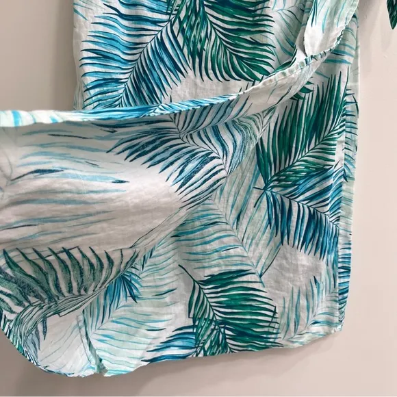 Tahari 3 piece 100% linen wrap skirt pants set tropical leaf print blue large