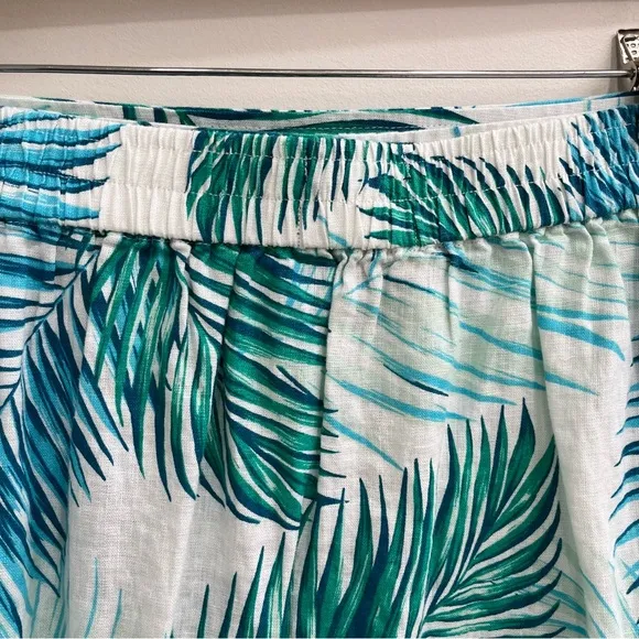 Tahari 3 piece 100% linen wrap skirt pants set tropical leaf print blue large