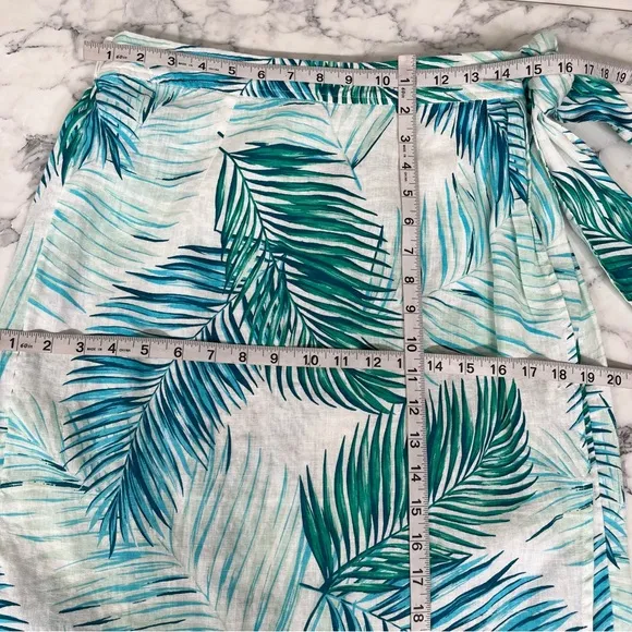 Tahari 3 piece 100% linen wrap skirt pants set tropical leaf print blue large