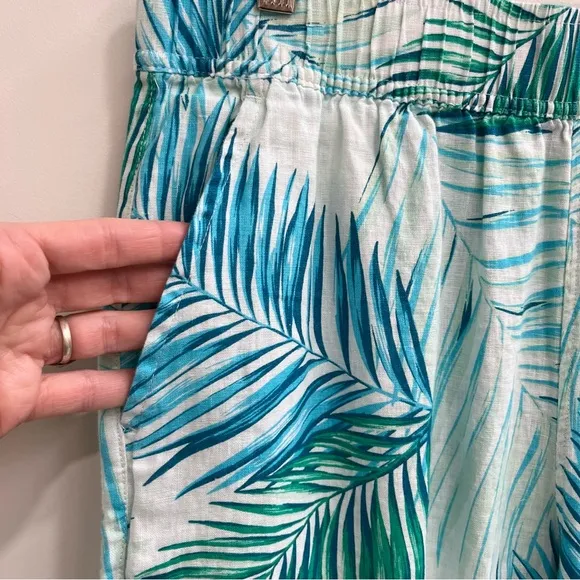 Tahari 3 piece 100% linen wrap skirt pants set tropical leaf print blue large