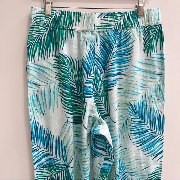 Tahari 3 piece 100% linen wrap skirt pants set tropical leaf print blue large