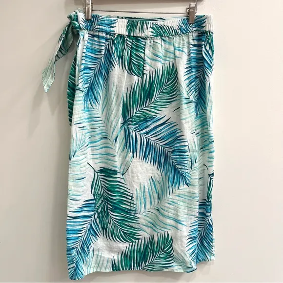 Tahari 3 piece 100% linen wrap skirt pants set tropical leaf print blue large