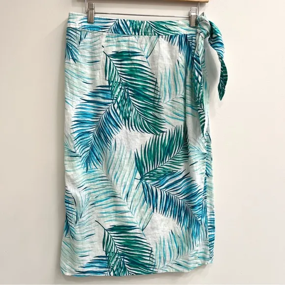Tahari 3 piece 100% linen wrap skirt pants set tropical leaf print blue large