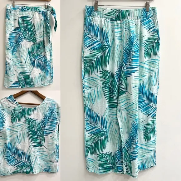 Tahari 3 piece 100% linen wrap skirt pants set tropical leaf print blue large