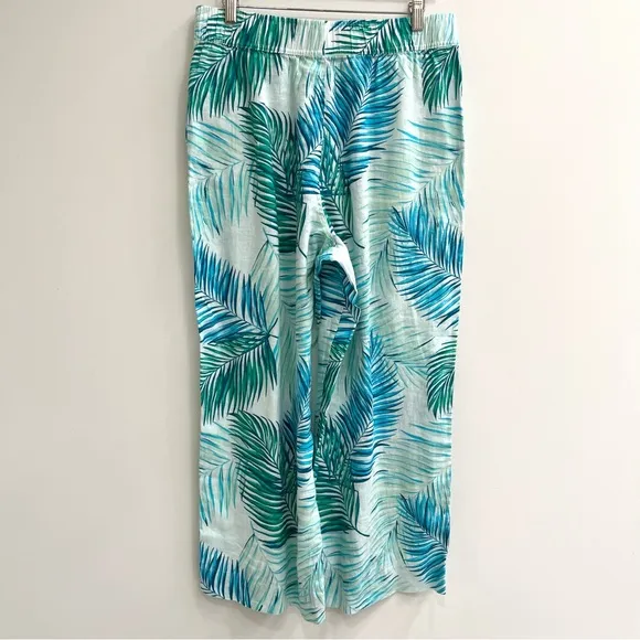 Tahari 3 piece 100% linen wrap skirt pants set tropical leaf print blue large