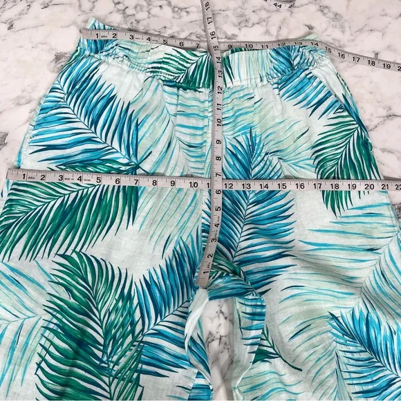 Tahari 3 piece 100% linen wrap skirt pants set tropical leaf print blue large