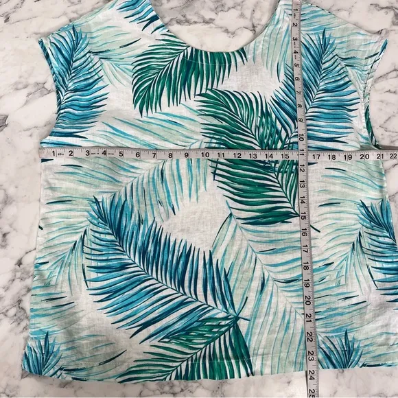 Tahari 3 piece 100% linen wrap skirt pants set tropical leaf print blue large