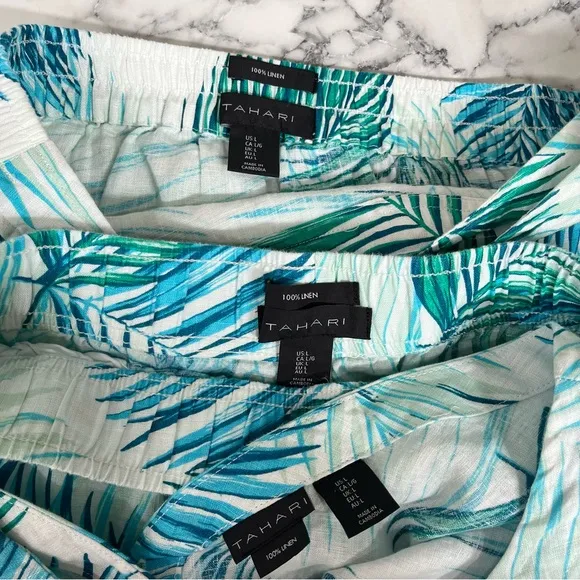 Tahari 3 piece 100% linen wrap skirt pants set tropical leaf print blue large