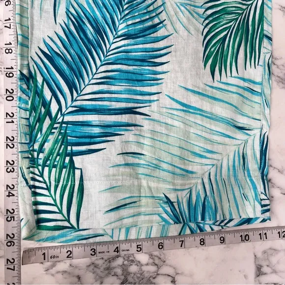 Tahari 3 piece 100% linen wrap skirt pants set tropical leaf print blue large