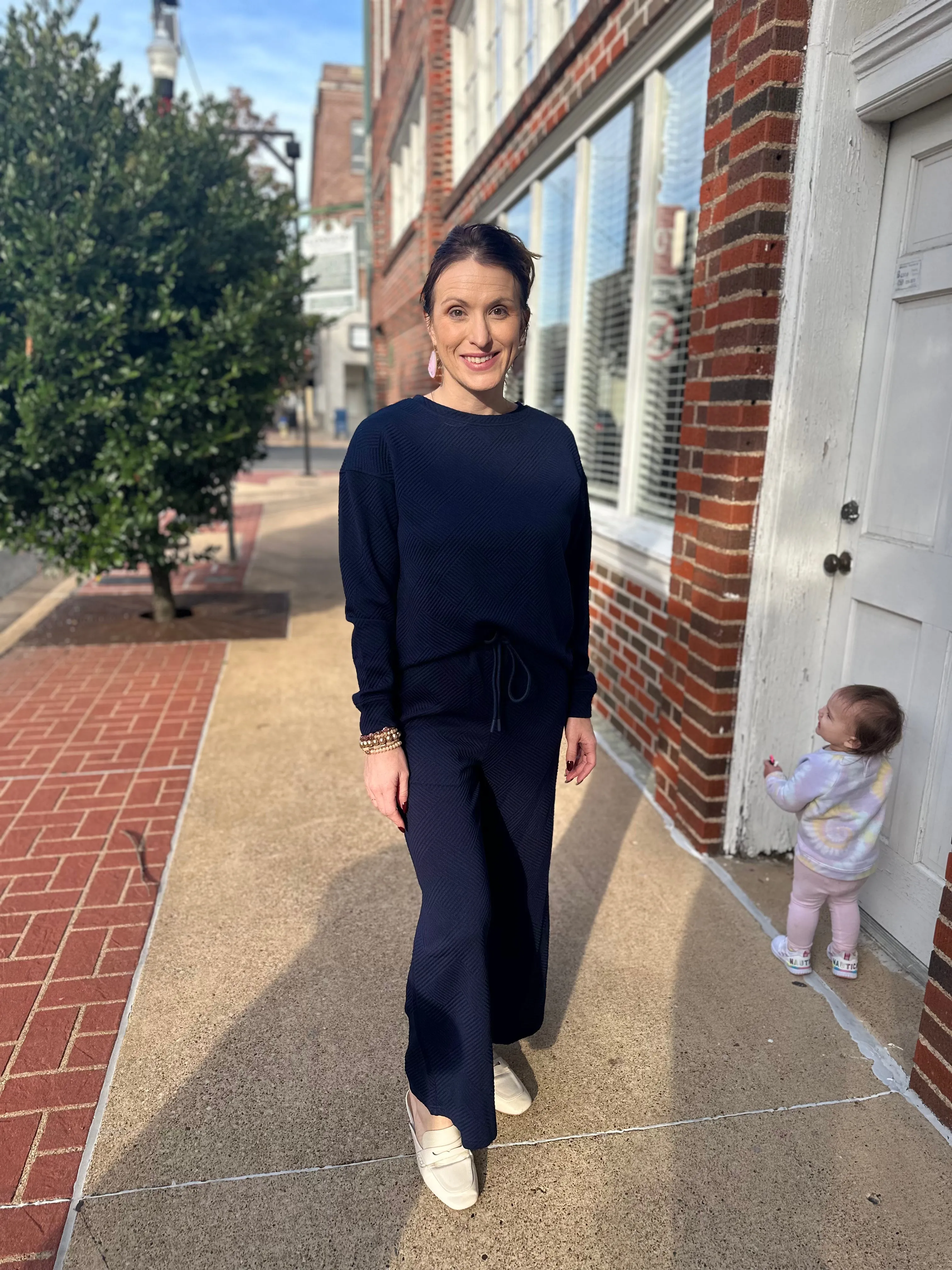 Textured Long Sleeve Set: Navy