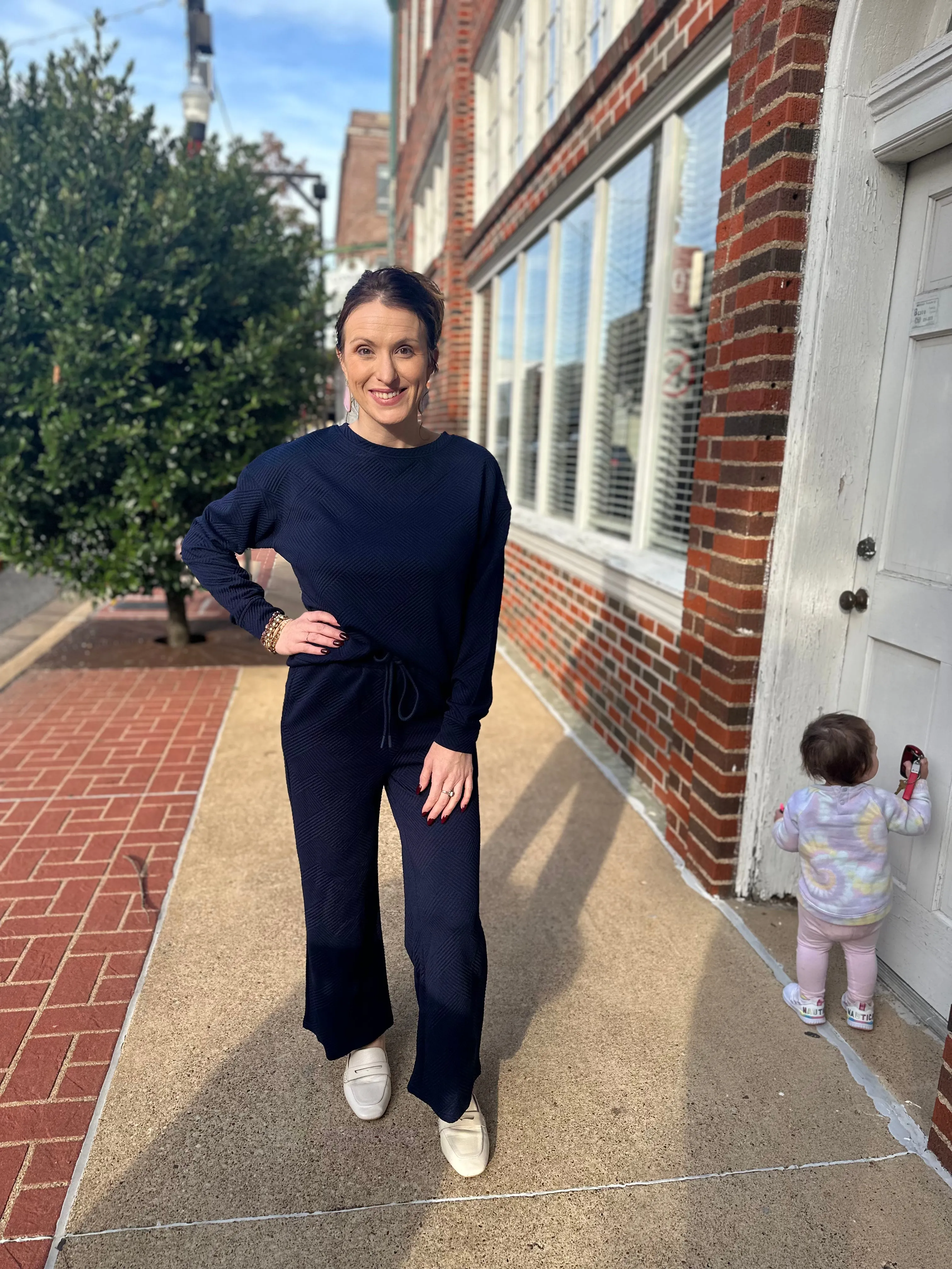 Textured Long Sleeve Set: Navy