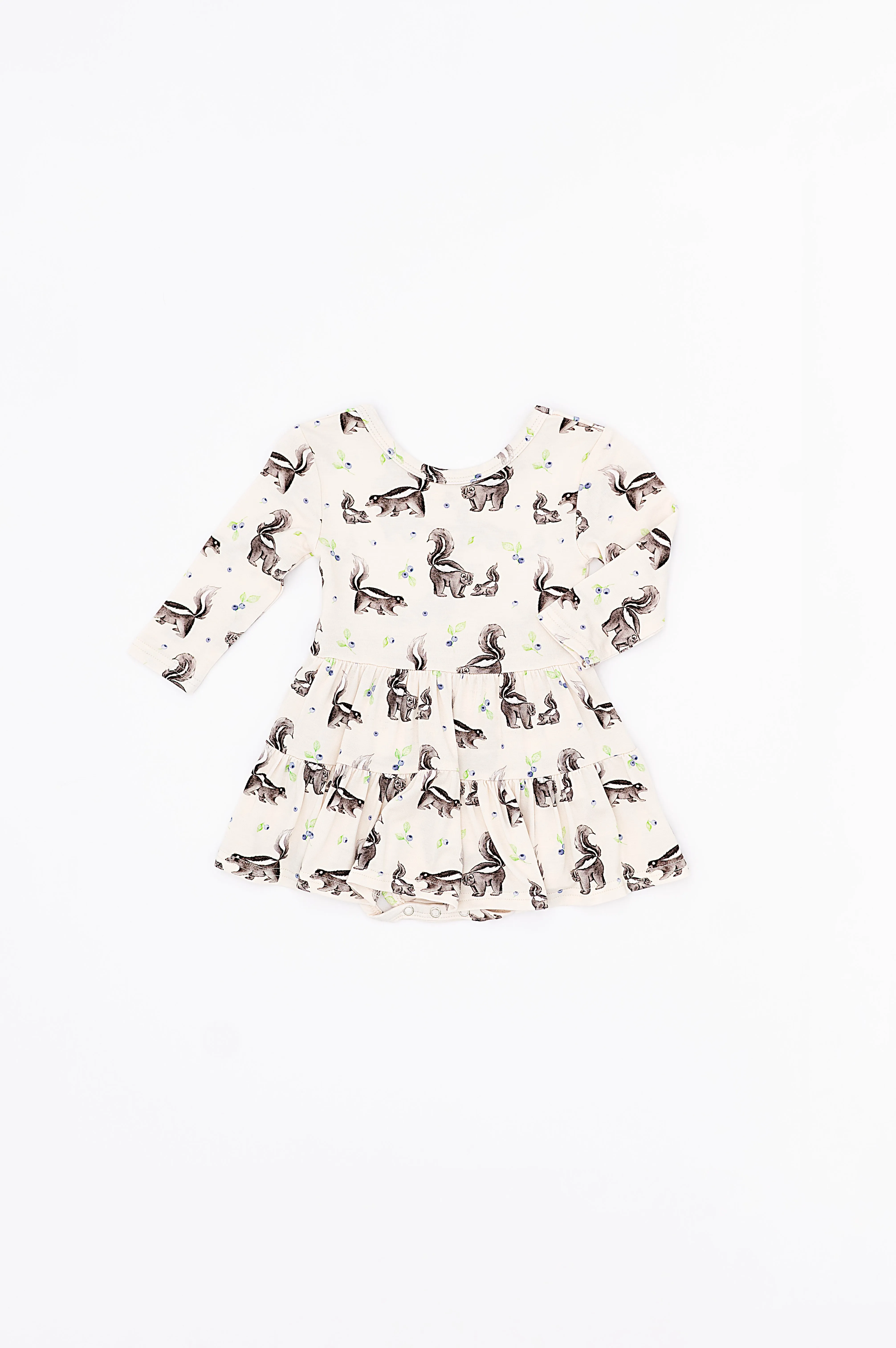 The Sleepy Sloth Berry Stinky Skunk Print Girls Tiered Bodysuit Twirlie Dress