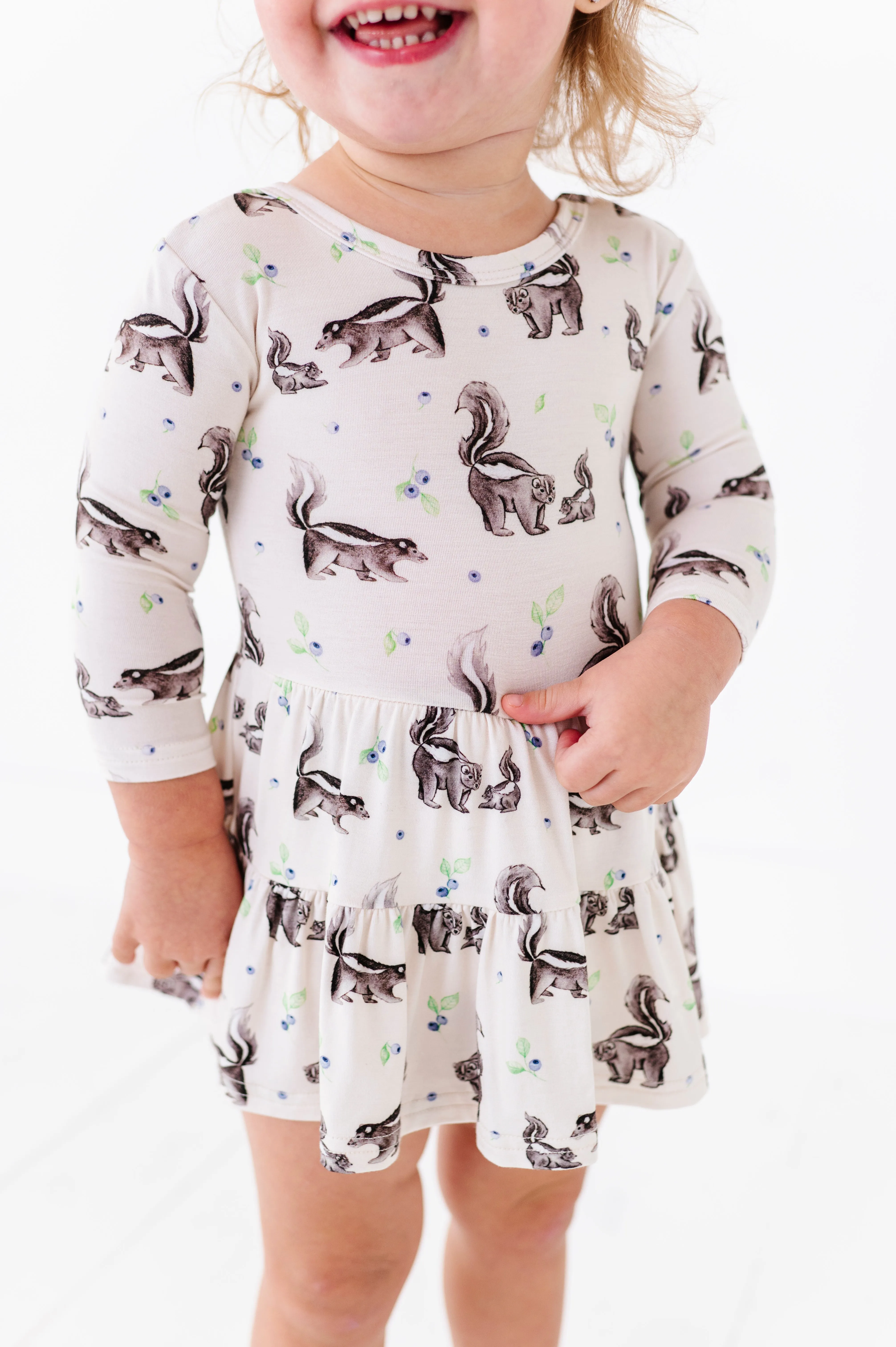 The Sleepy Sloth Berry Stinky Skunk Print Girls Tiered Bodysuit Twirlie Dress