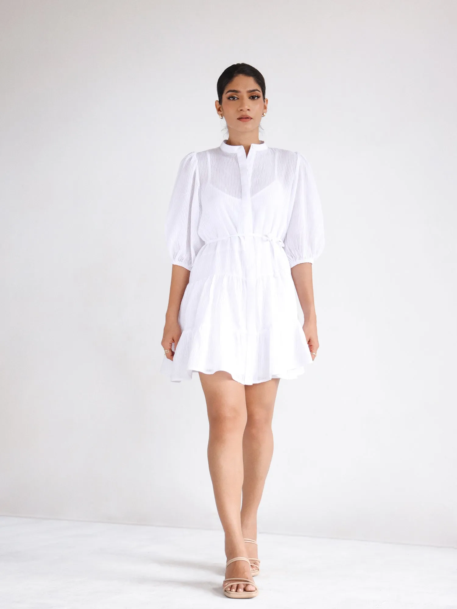 Tie Up Detailed Tiered  Mini Dress