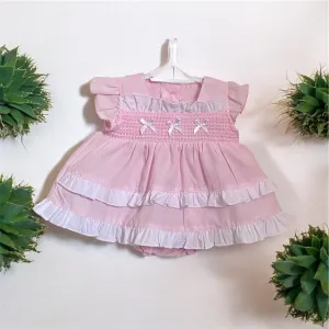 Tiered Premature Baby Dress with Smocking and Bows