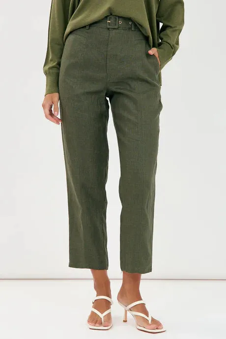 TIFFANY BELTED LINEN PANT (Khaki)