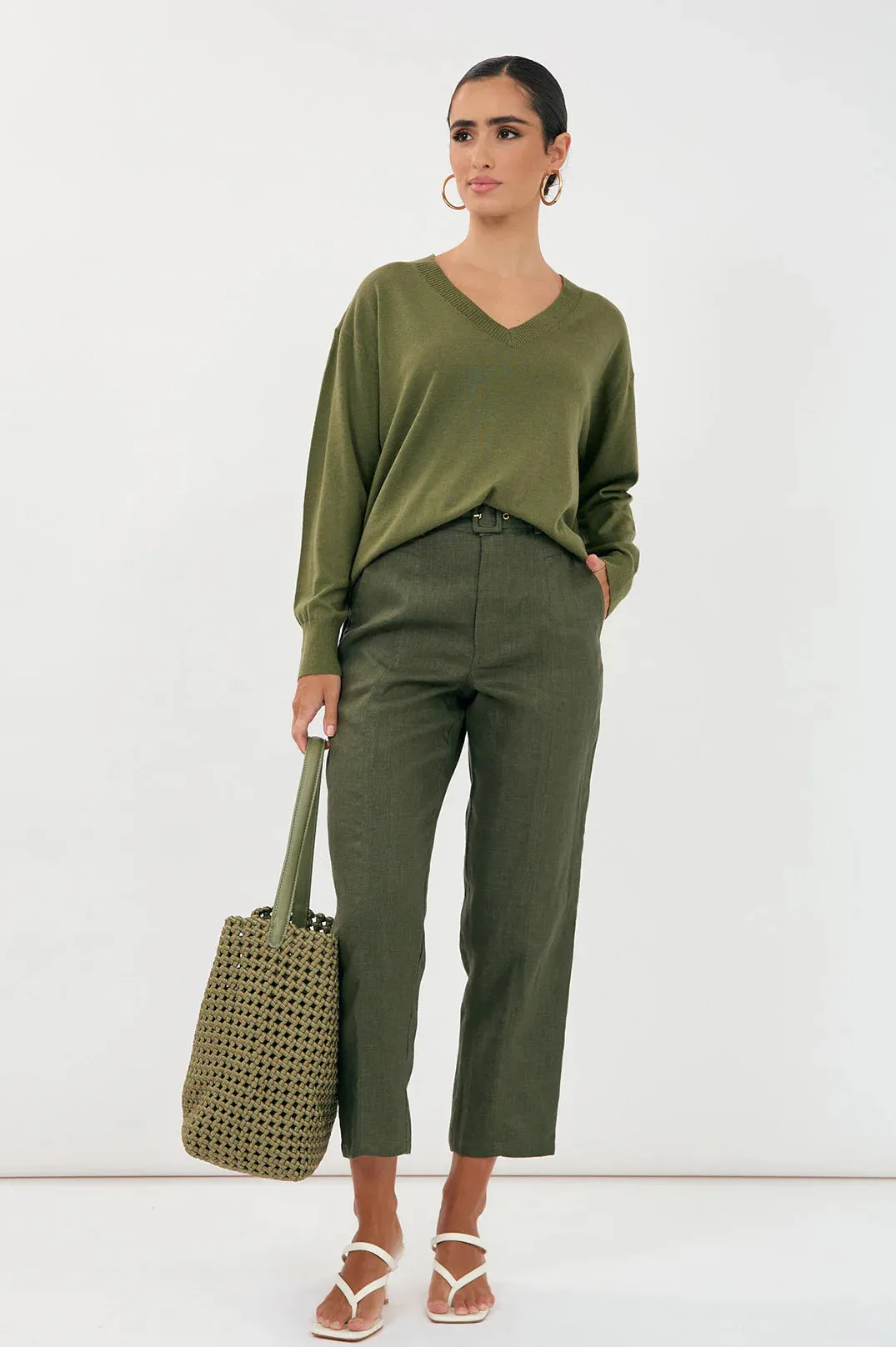 TIFFANY BELTED LINEN PANT (Khaki)