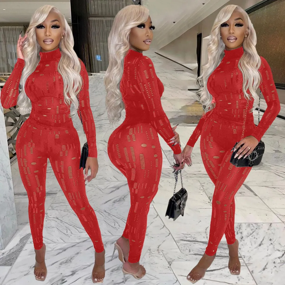 Tracksuit Sexy Hollow Out Top T-Shirt   Slim Pencil Pants