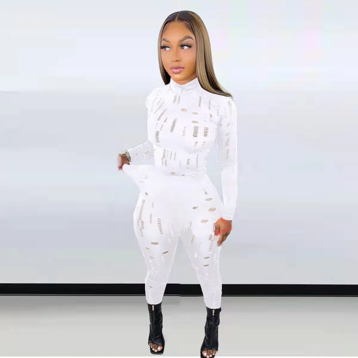 Tracksuit Sexy Hollow Out Top T-Shirt   Slim Pencil Pants