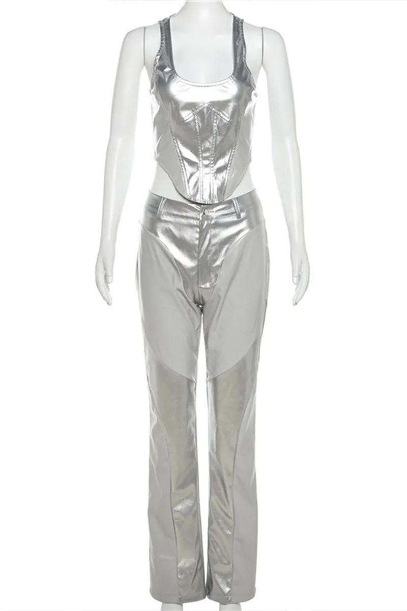 UG651 Faux Leather Sleeveless Top and Pants Set