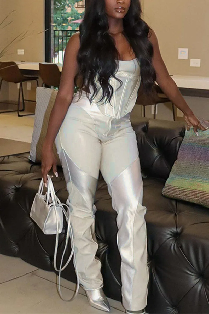UG651 Faux Leather Sleeveless Top and Pants Set