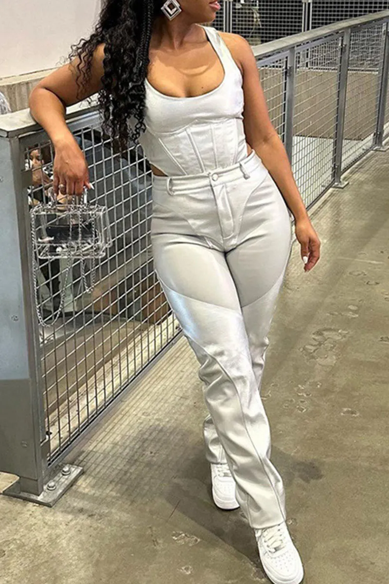 UG651 Faux Leather Sleeveless Top and Pants Set