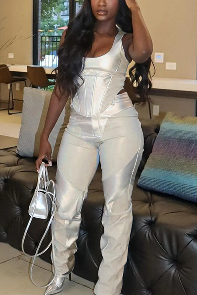 UG651 Faux Leather Sleeveless Top and Pants Set