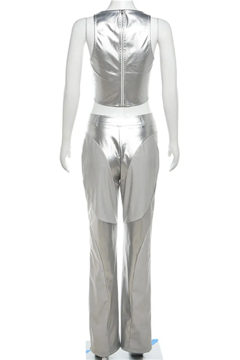 UG651 Faux Leather Sleeveless Top and Pants Set