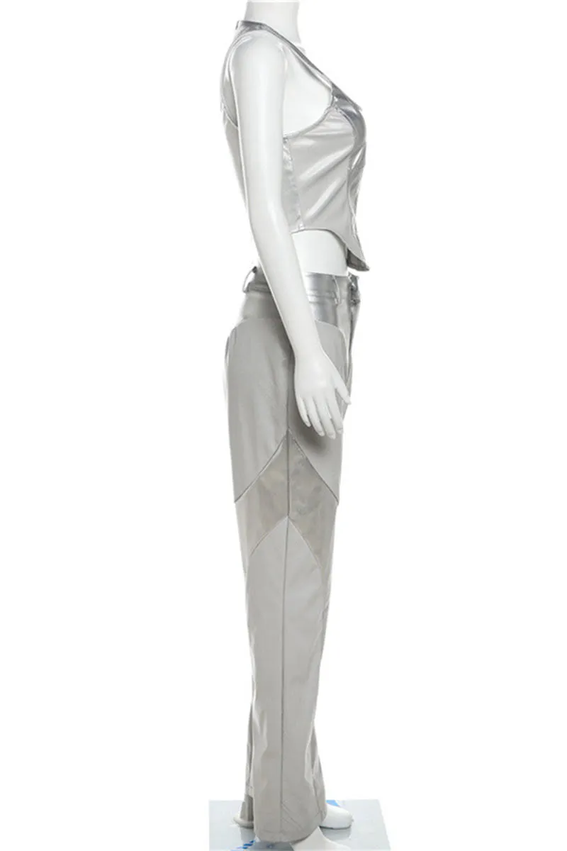 UG651 Faux Leather Sleeveless Top and Pants Set