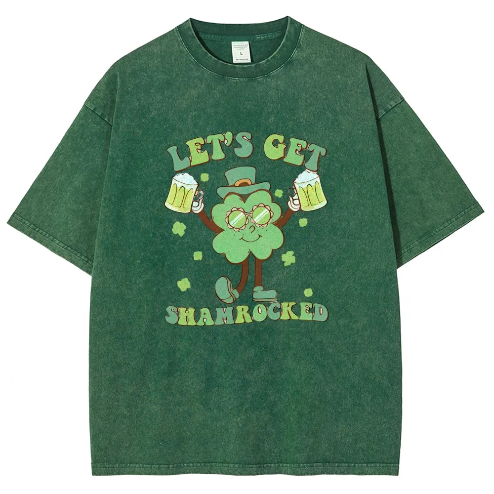 Unisex Vintage Let's Get Shamrock At St. Patrick's Day Graphic Washed Tee