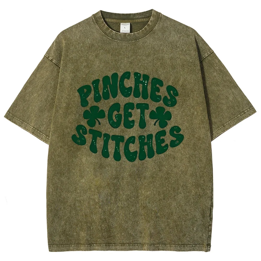 Unisex Vintage Pinches Get Stitches St. Patrick's Day Graphic Washed Tee
