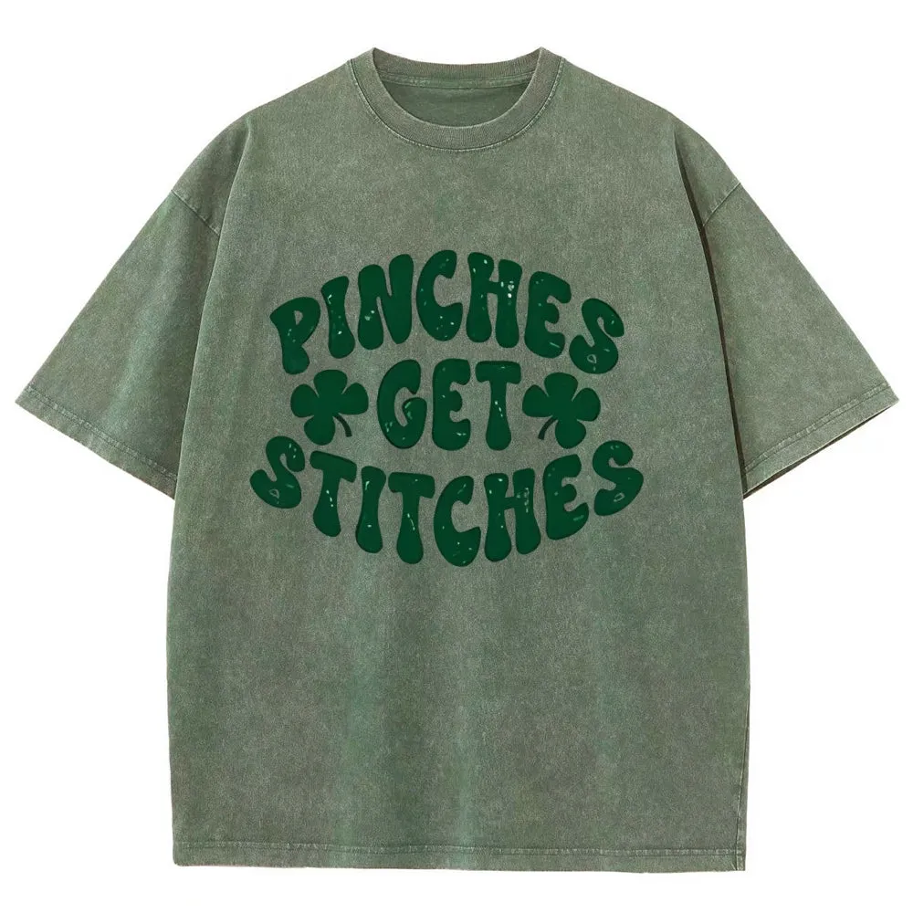 Unisex Vintage Pinches Get Stitches St. Patrick's Day Graphic Washed Tee