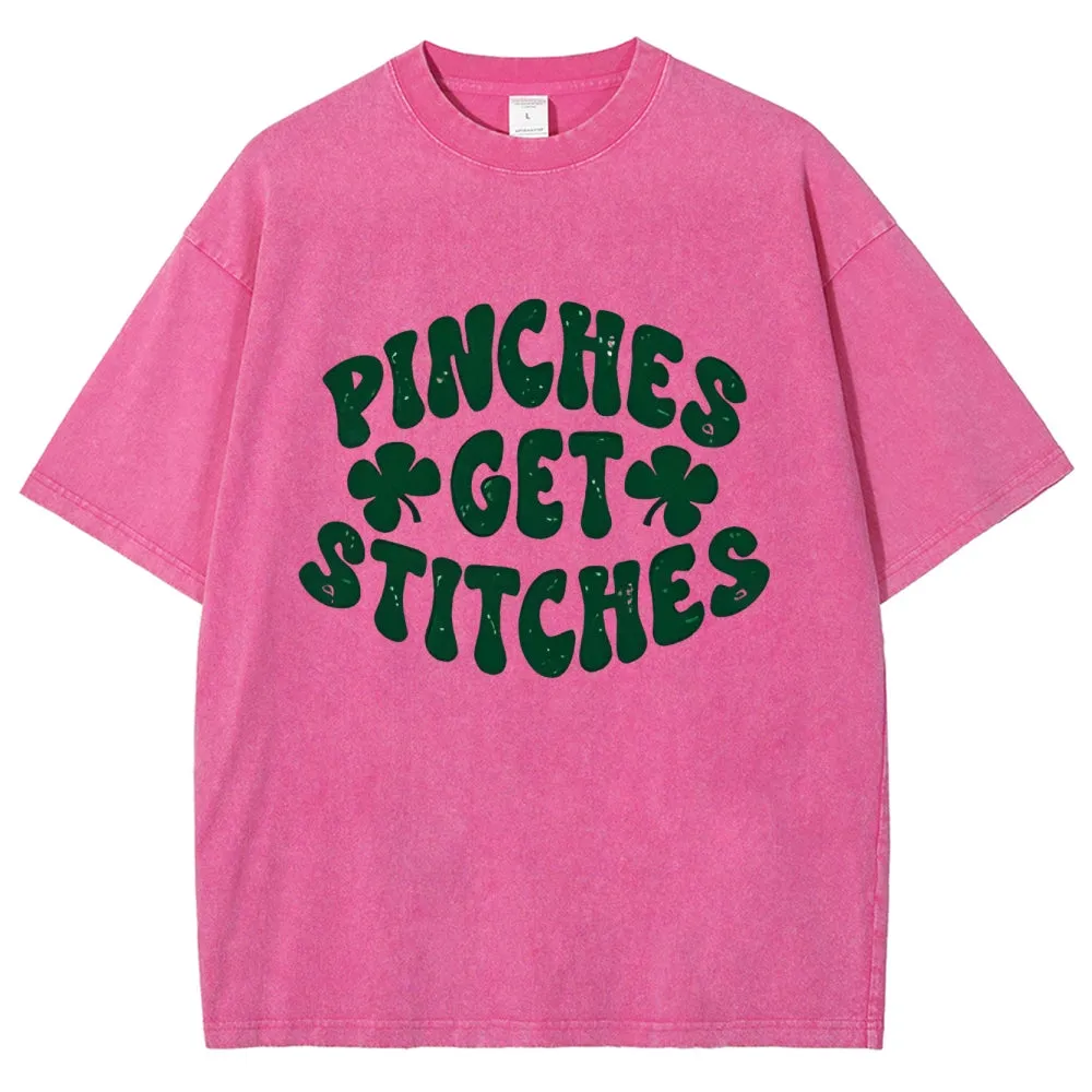 Unisex Vintage Pinches Get Stitches St. Patrick's Day Graphic Washed Tee