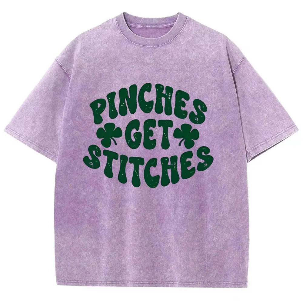 Unisex Vintage Pinches Get Stitches St. Patrick's Day Graphic Washed Tee