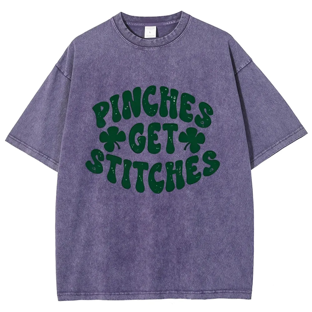 Unisex Vintage Pinches Get Stitches St. Patrick's Day Graphic Washed Tee