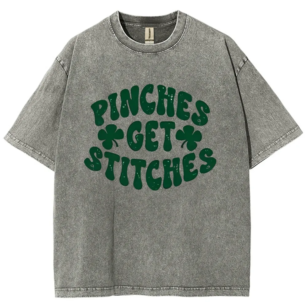 Unisex Vintage Pinches Get Stitches St. Patrick's Day Graphic Washed Tee