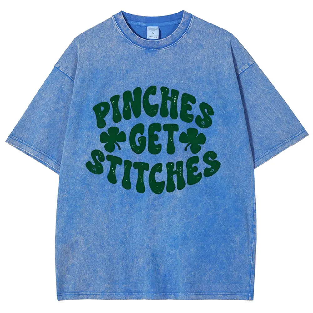 Unisex Vintage Pinches Get Stitches St. Patrick's Day Graphic Washed Tee