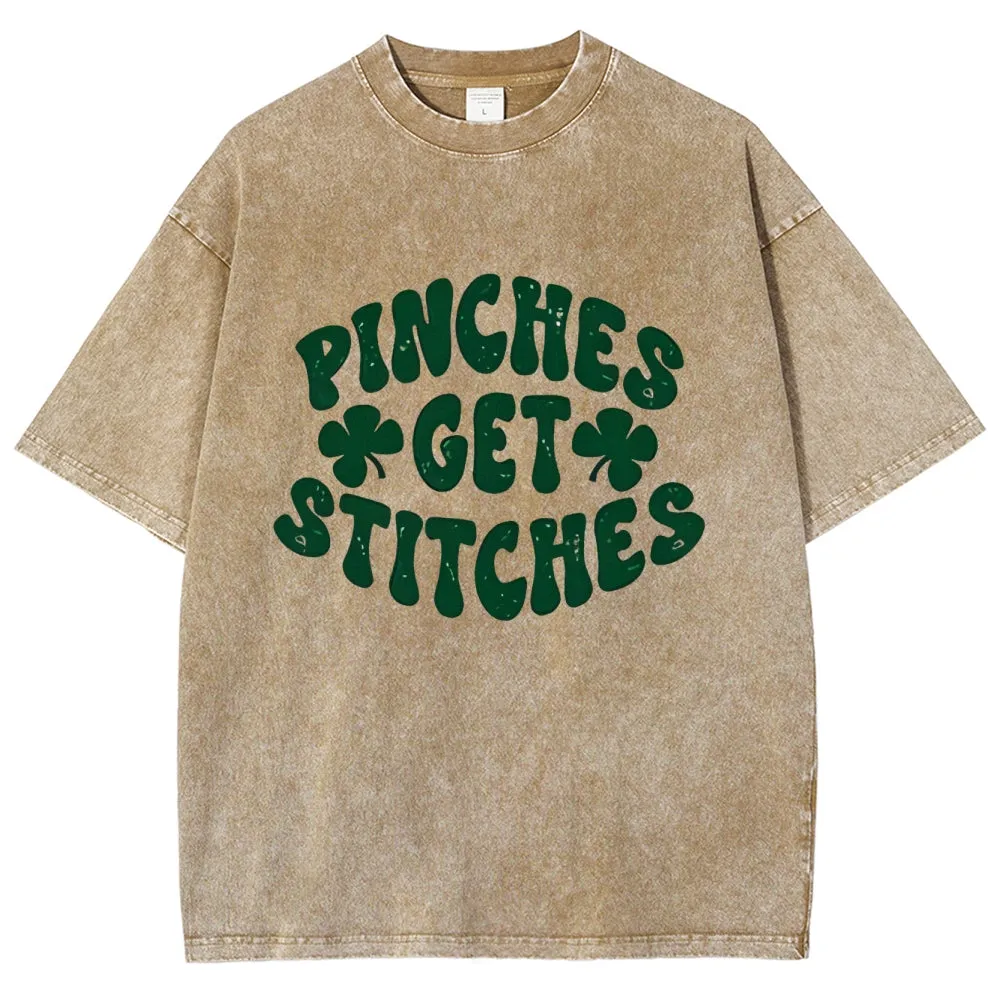 Unisex Vintage Pinches Get Stitches St. Patrick's Day Graphic Washed Tee