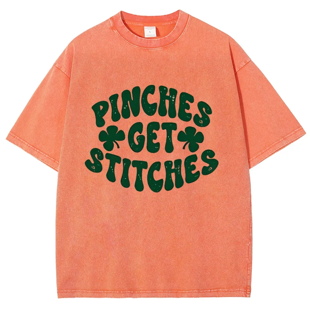 Unisex Vintage Pinches Get Stitches St. Patrick's Day Graphic Washed Tee