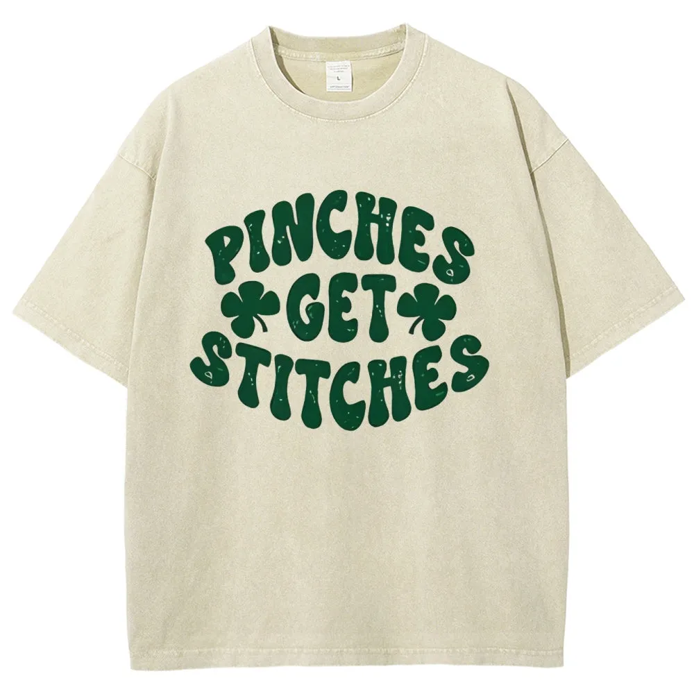Unisex Vintage Pinches Get Stitches St. Patrick's Day Graphic Washed Tee
