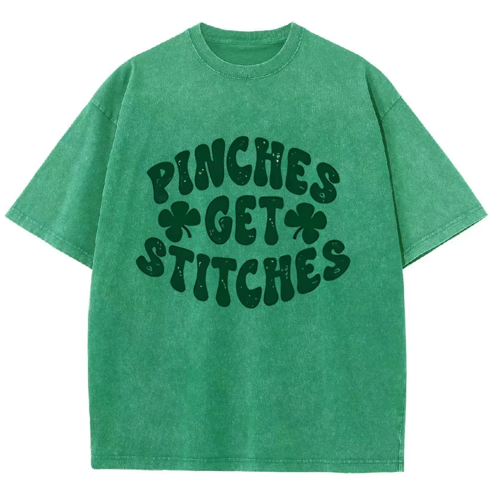 Unisex Vintage Pinches Get Stitches St. Patrick's Day Graphic Washed Tee