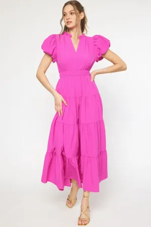 V-Neck Bubble Sleeve Tiered Midi Dress