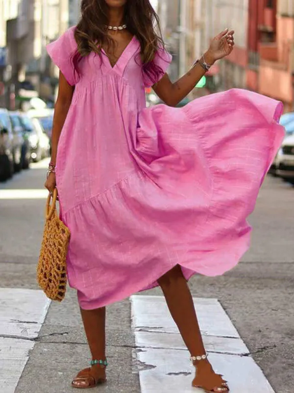 V-Neck Maxi Dress with Irregular Hem and Tiered Design