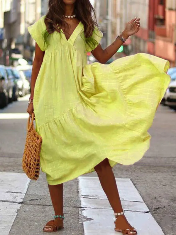 V-Neck Maxi Dress with Irregular Hem and Tiered Design