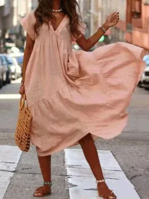 V-Neck Maxi Dress with Irregular Hem and Tiered Design