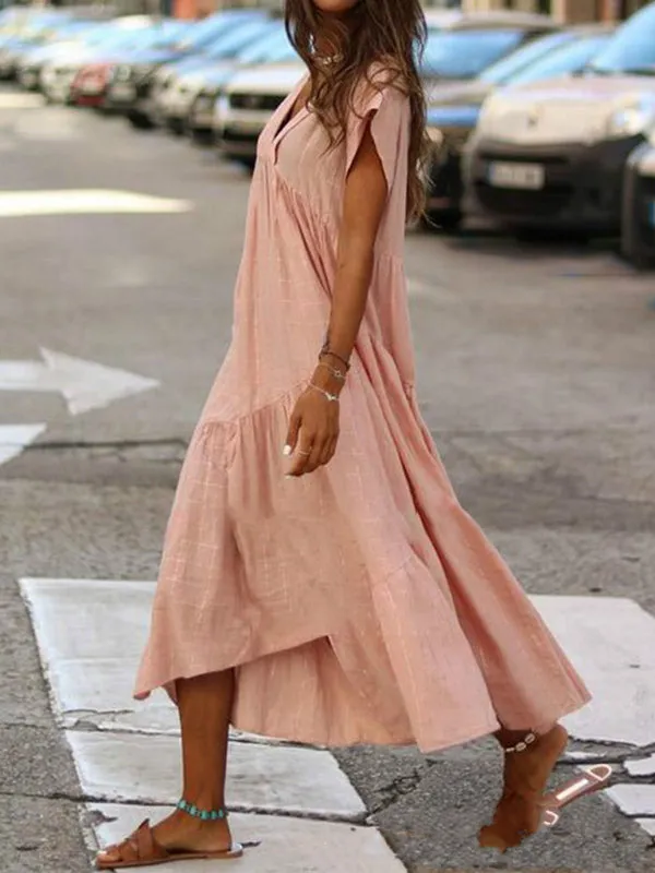 V-Neck Maxi Dress with Irregular Hem and Tiered Design