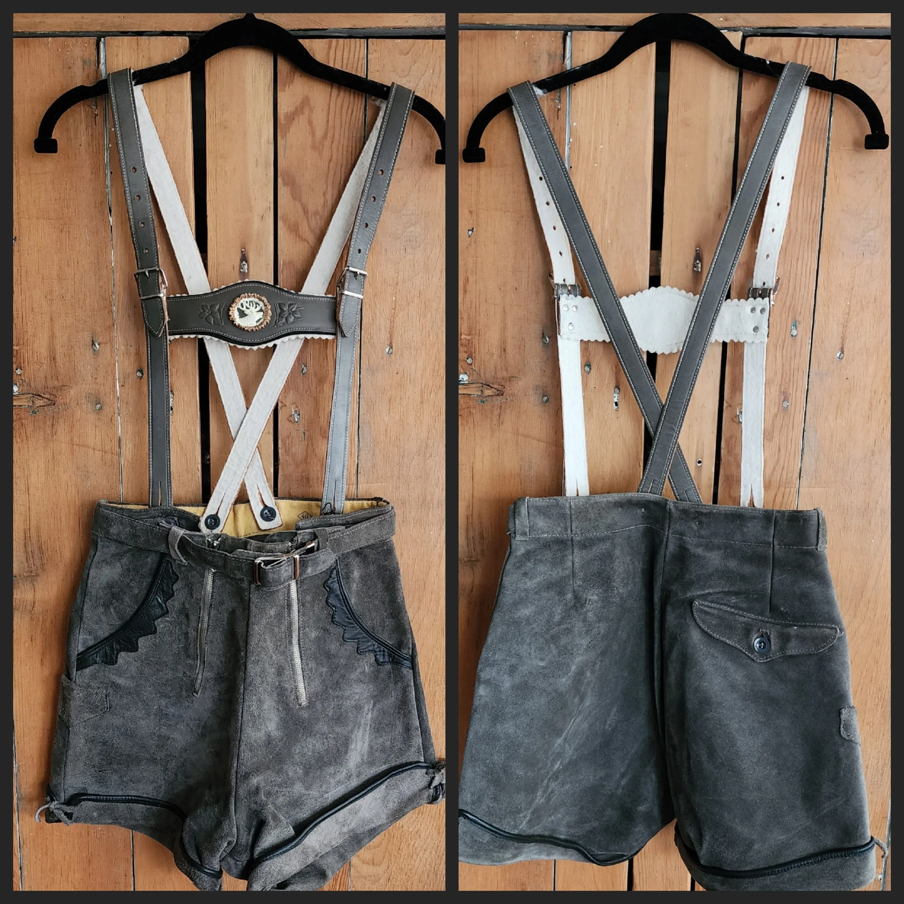 Vintage Bergfreund German Lederhosen Grey Suede Leather Shorts Suspenders Womens S