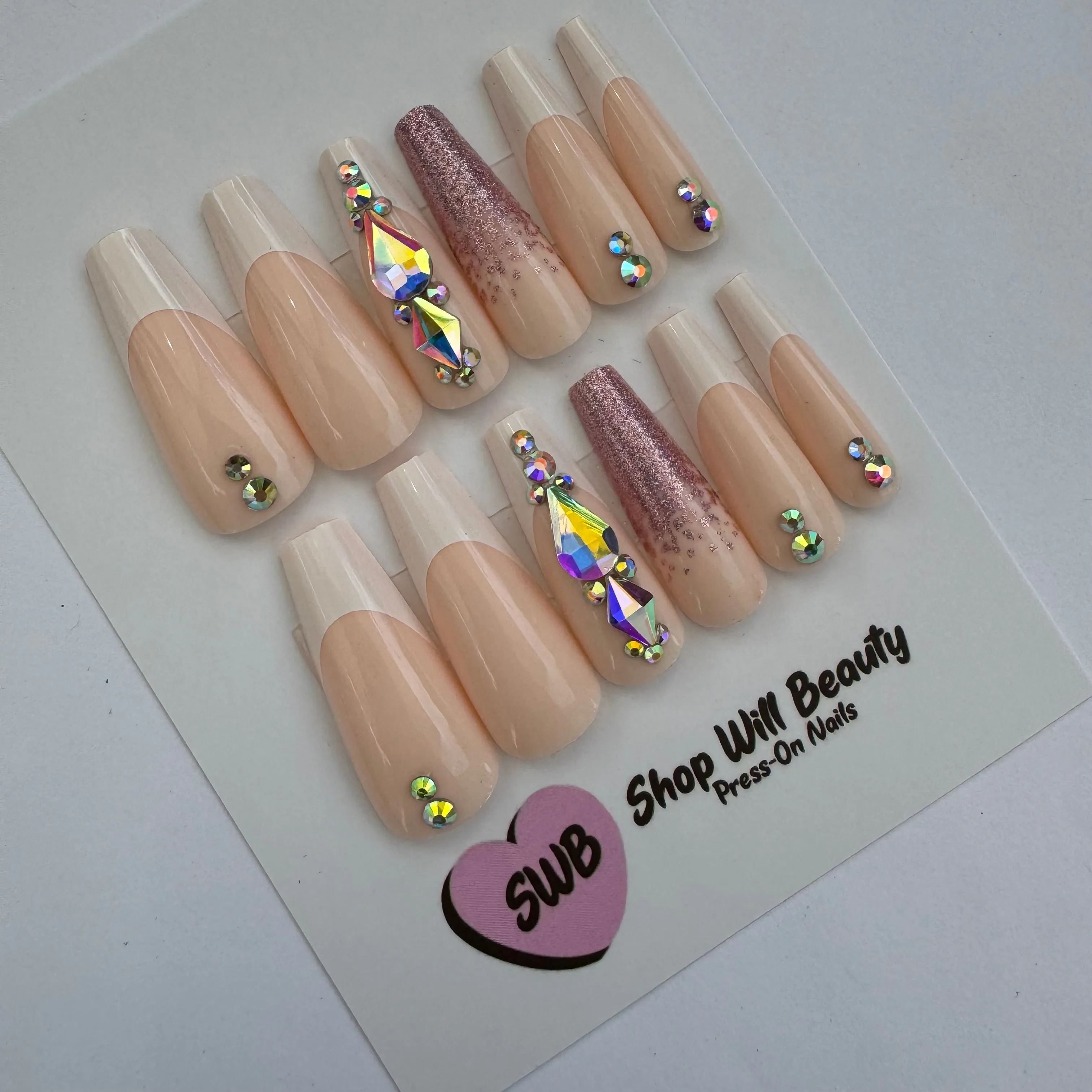 White Bling French Tip Coffin Press On Nails
